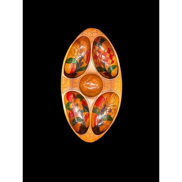 VTG MCM Hand-Carved Exotic Wood Divided Serving Bowl W/ Hand-Painted Floral Desi - Picture 4 of 13